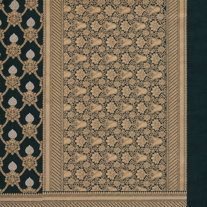 Bottle green saree pallu close-up with gold-toned floral vines and geometric border