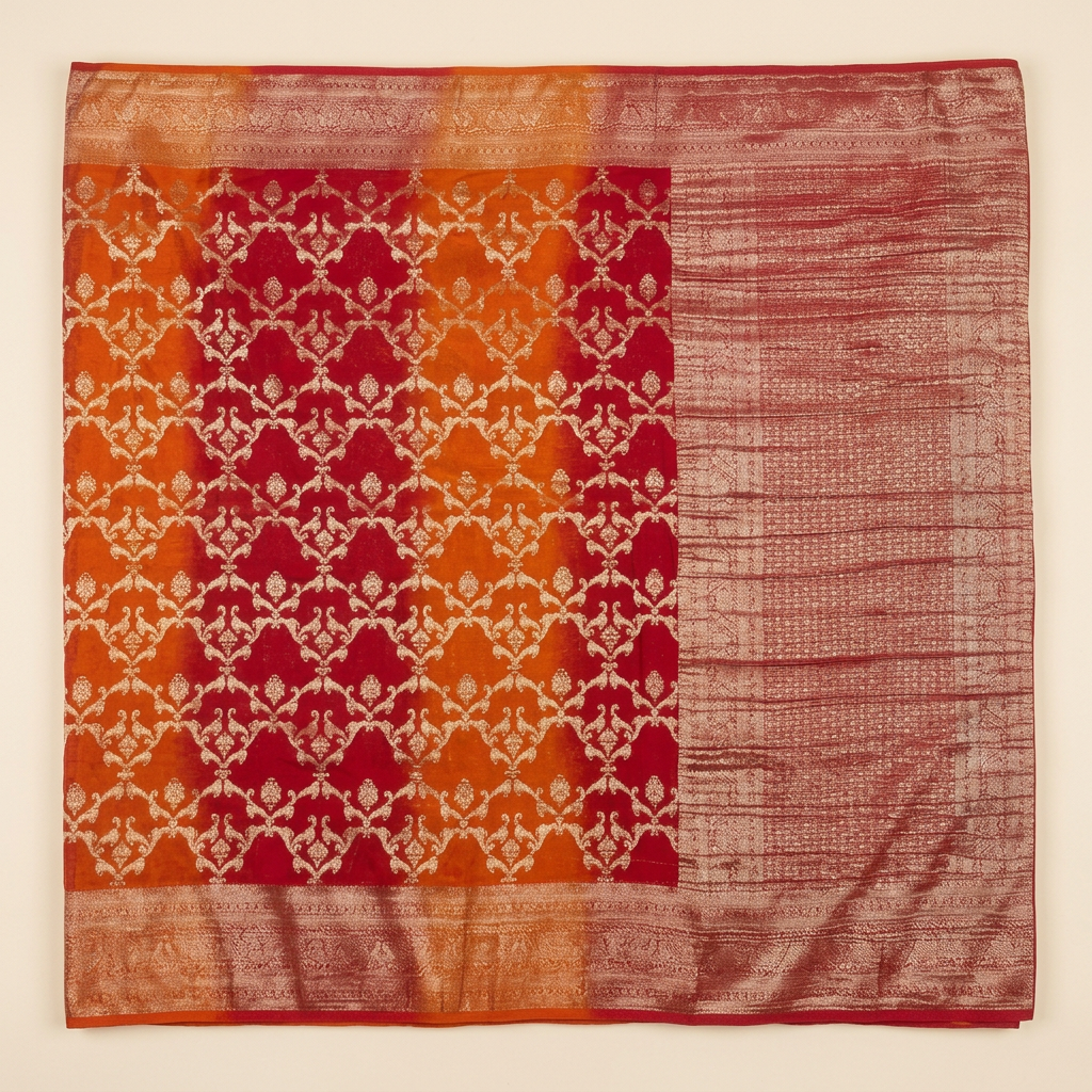 Upright view of orange and red Khaddi georgette saree with gold-toned lattice and ornate pallu