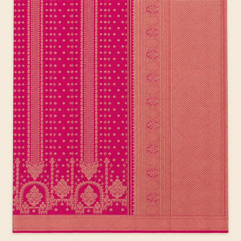 Pink pure silk saree small buttas, ornamental stripes and floral body accents close-up