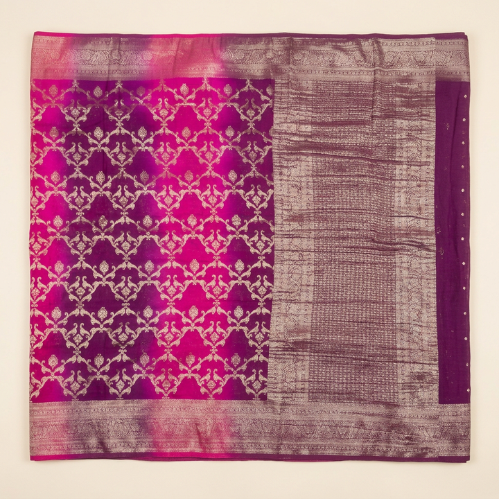 Upright purple and pink Khaddi georgette saree with metallic lattice and ornate pallu