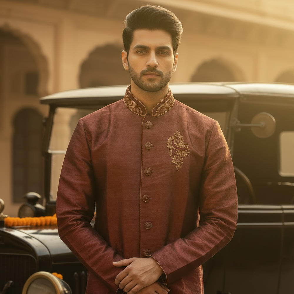 Close-up of maroon silk kurta upper body with gold zari embroidery
