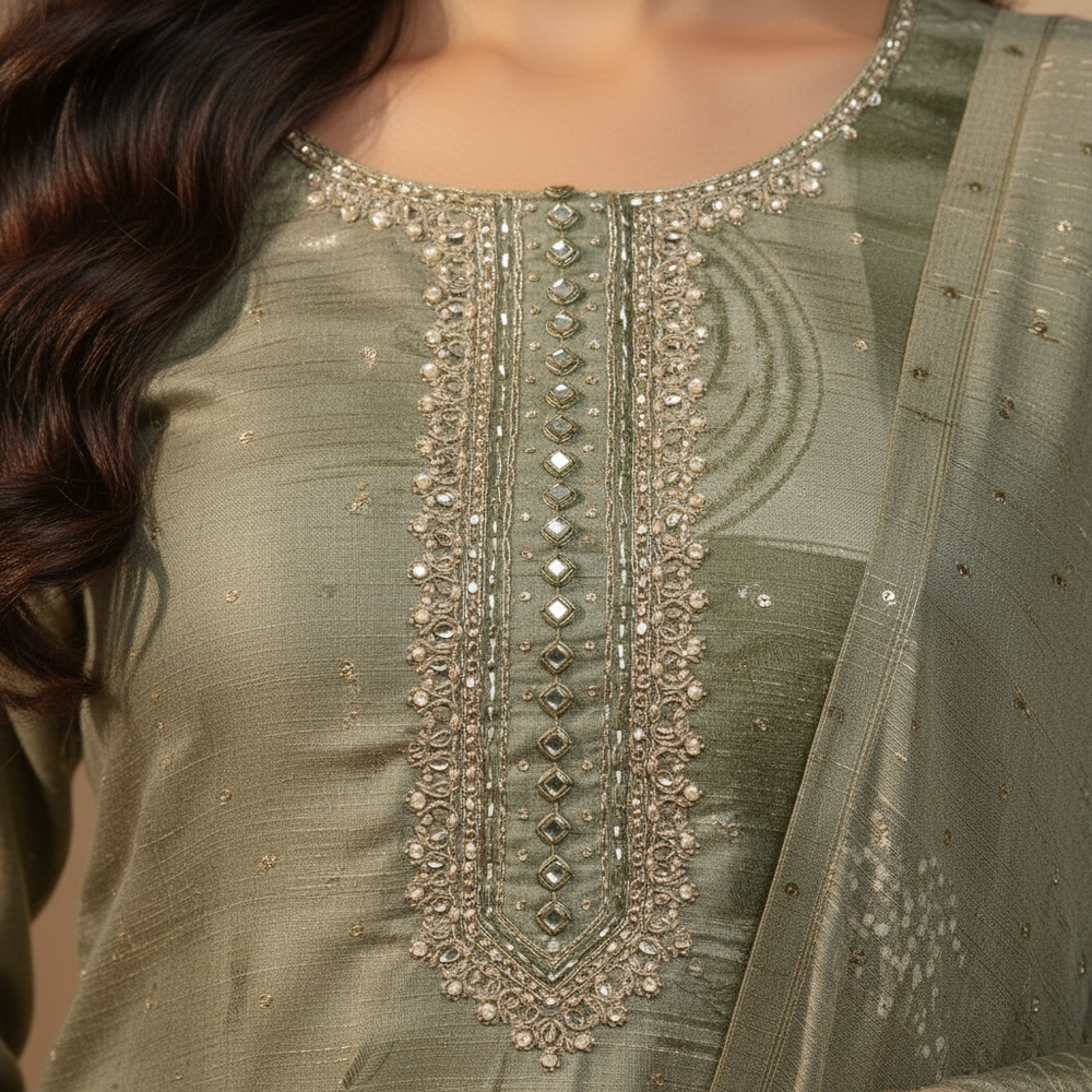 Close-up of embellished neckline detail