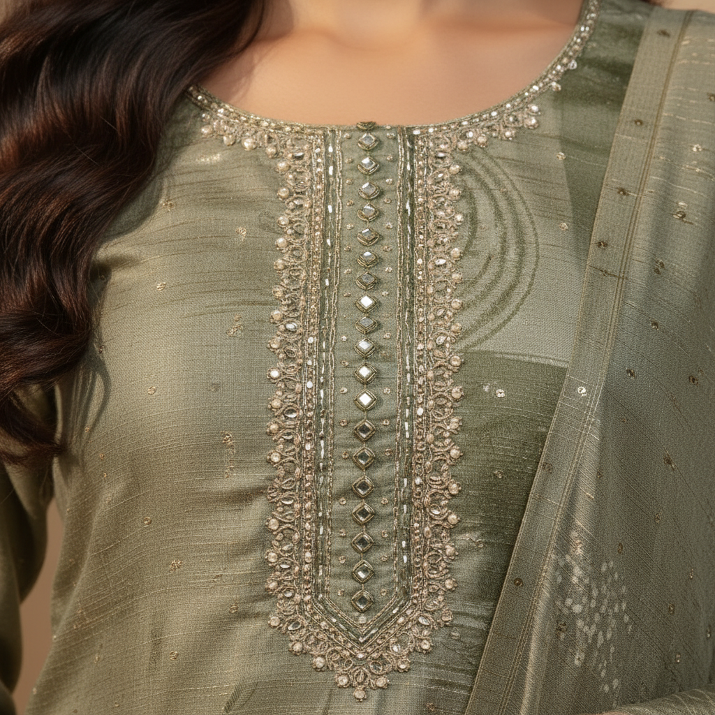 Close-up of embellished neckline detail