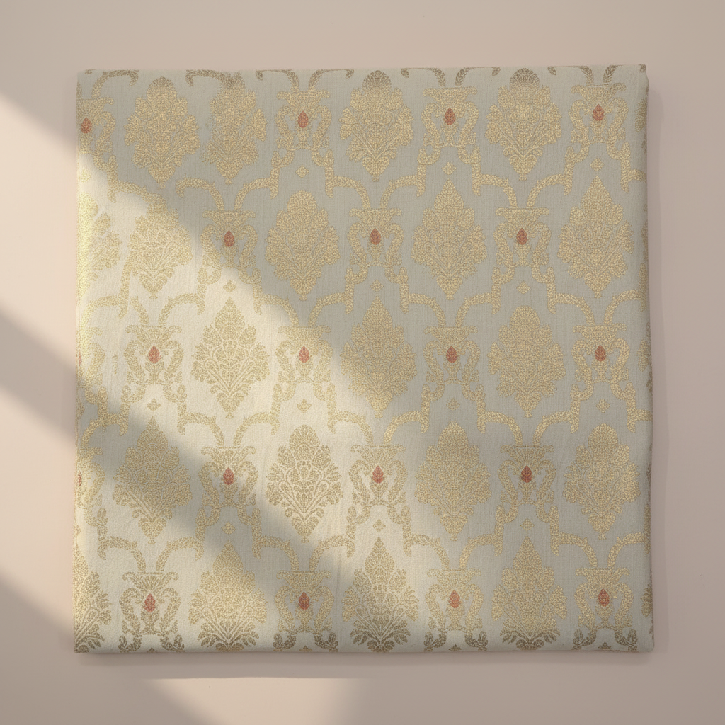 Close-up of cream-gold semi-silk saree with floral zari motifs and red accents