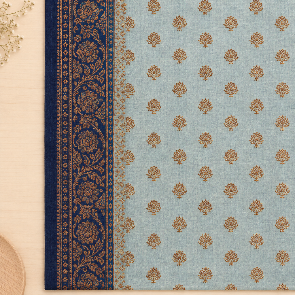 Close-up of ornate navy border on light blue saree