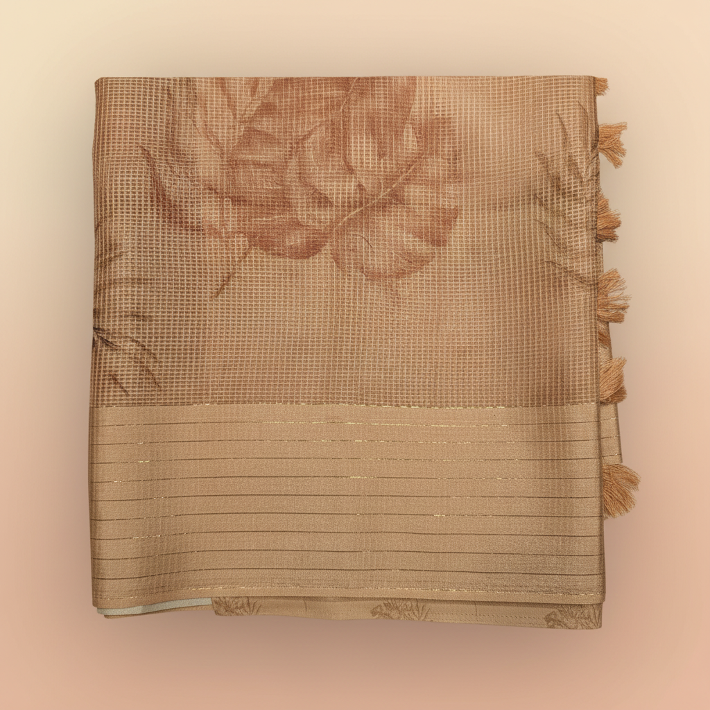 Close-up of the pastel orange Kota cotton saree striped border and tassel pallu
