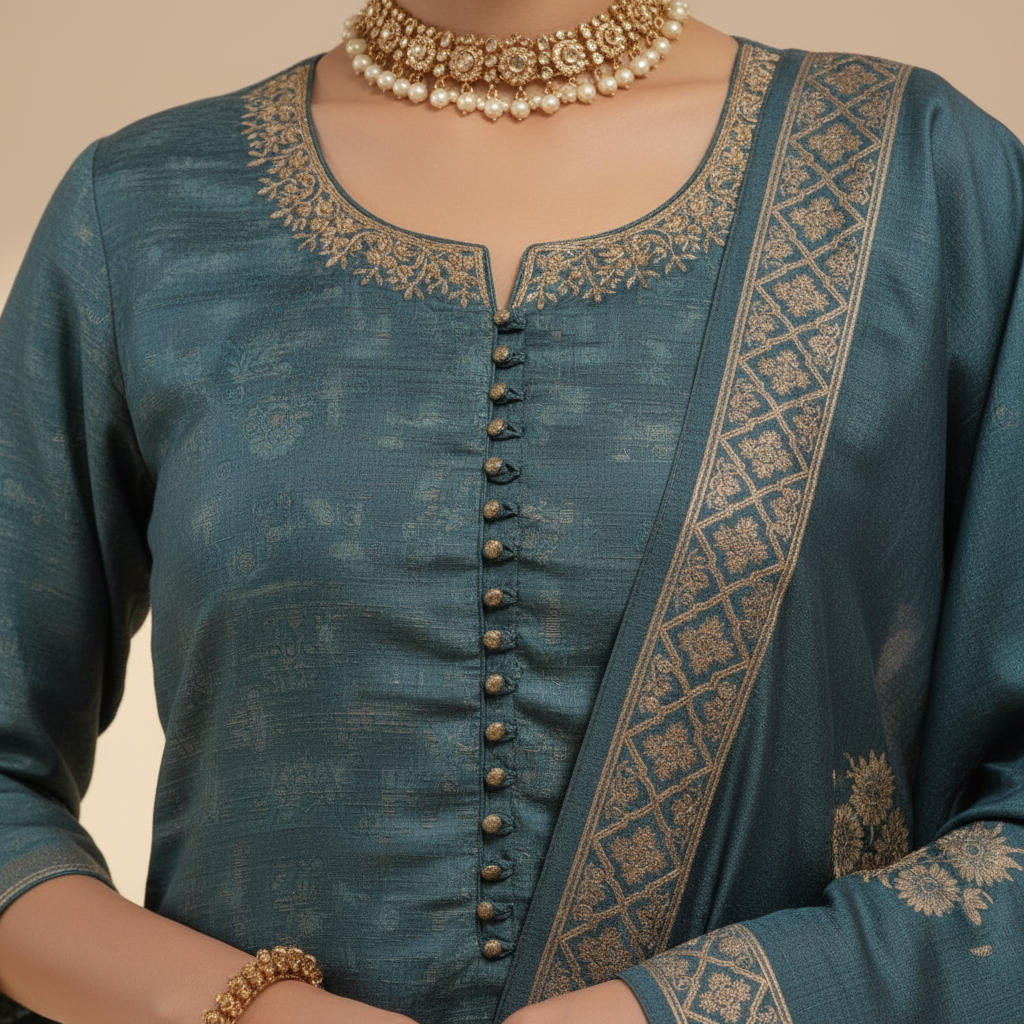 Close-up of ornate golden embroidered neckline on teal blue slub silk
