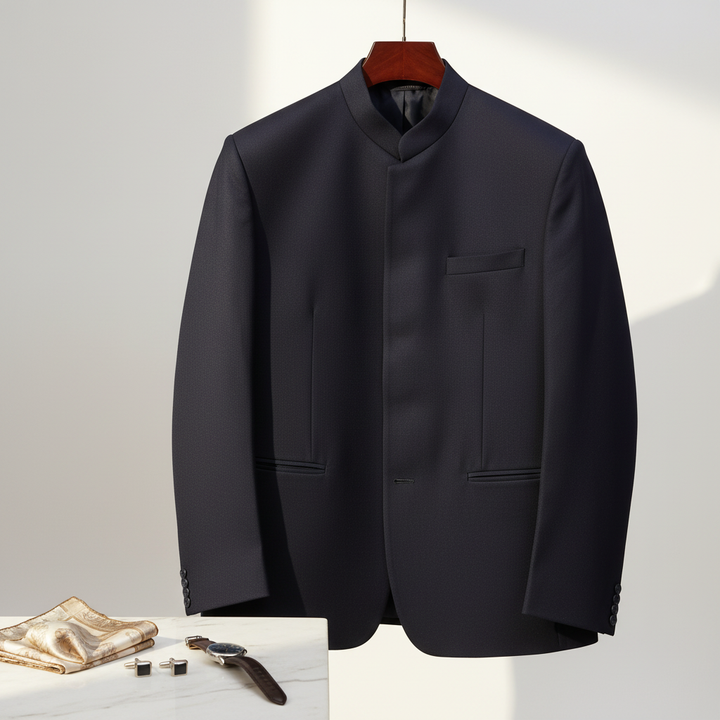 Jodhpuri Bandhgala Suit on hanger with props