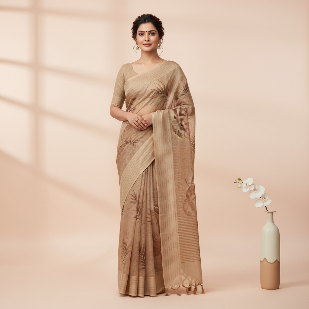 Pastel orange Kota cotton saree draped on a model