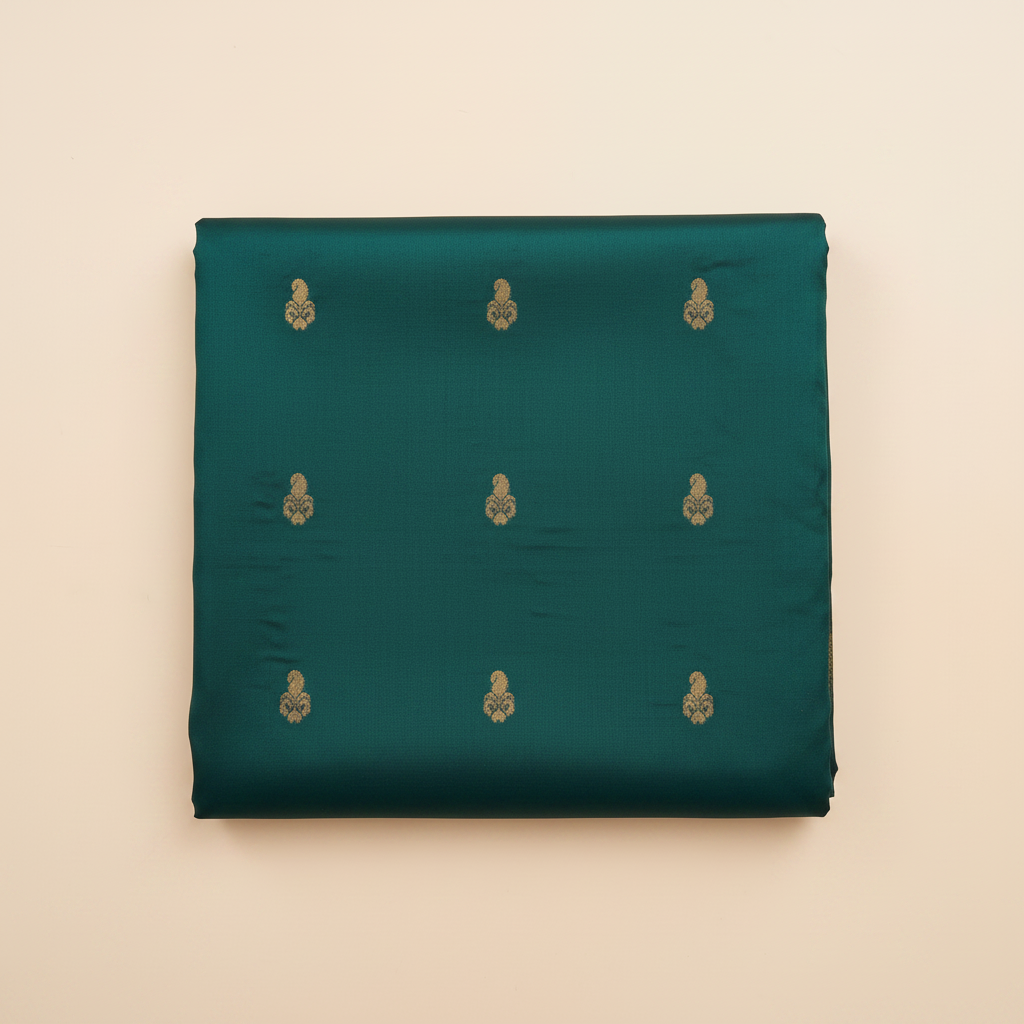 Peacock-blue pure silk saree body with gold zari motifs close-up