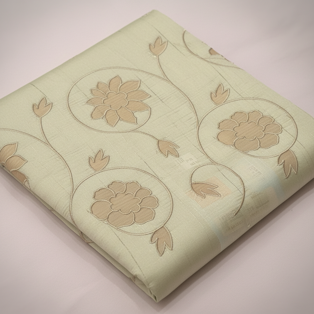 Close-up of the pastel green cotton saree floral motifs