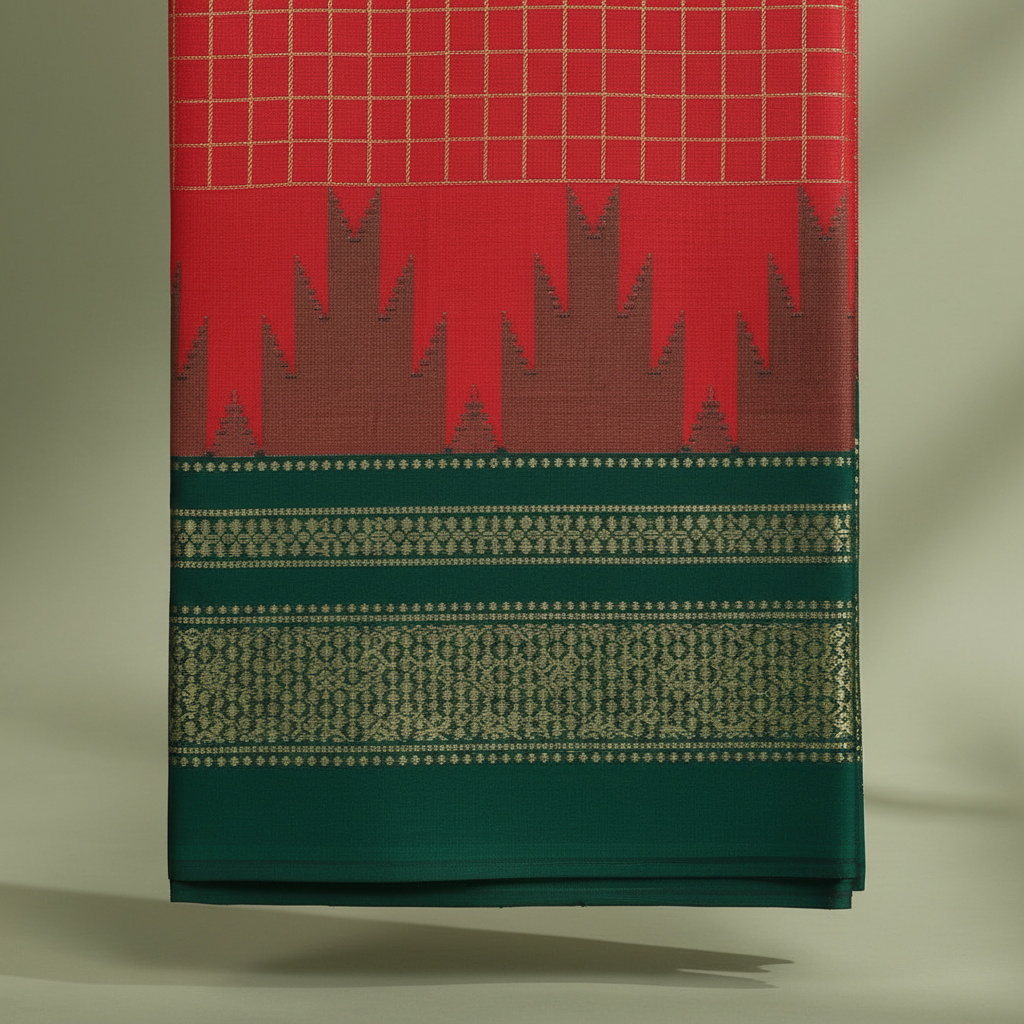 Close-up of the red checked saree with its dark maroon jagged motif band and deep forest-green border with intricate gold-green woven detailing