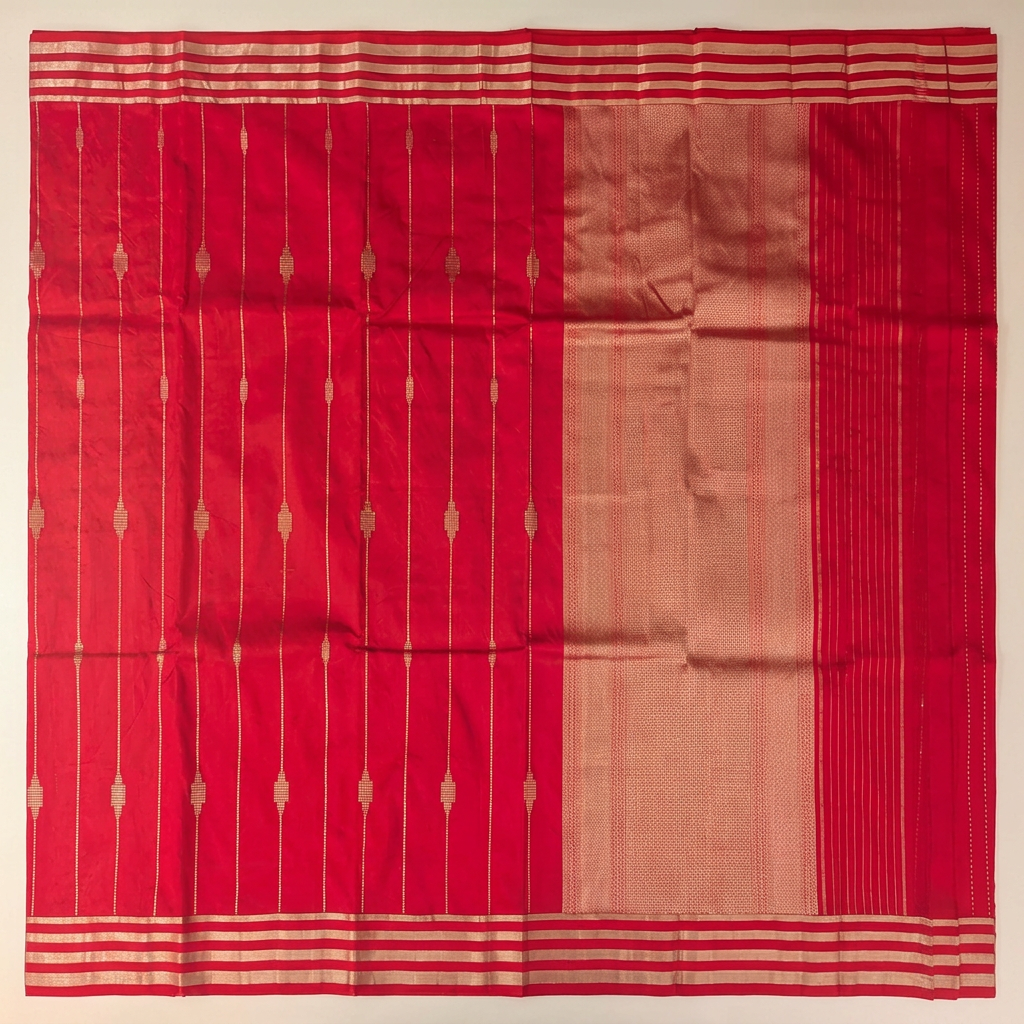 Full straight view of pink Banarasi silk saree with fine vertical motif stripes and gold-toned pallu