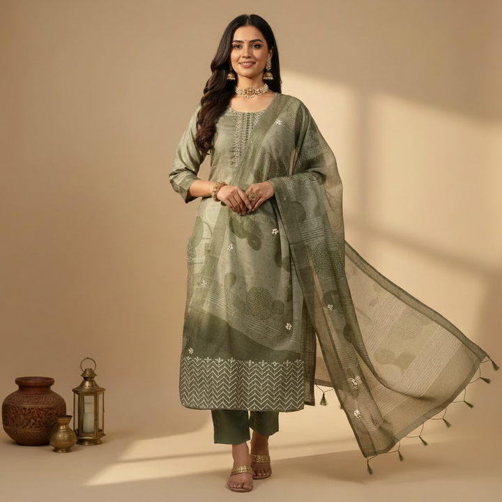 Indian model wearing sage green salwar kameez with flowing dupatta