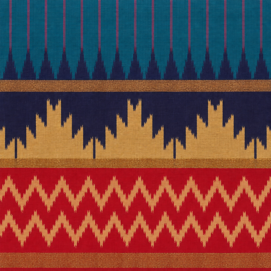 Close-up of navy gold temple band and red zigzag zari border on Pochampally silk saree