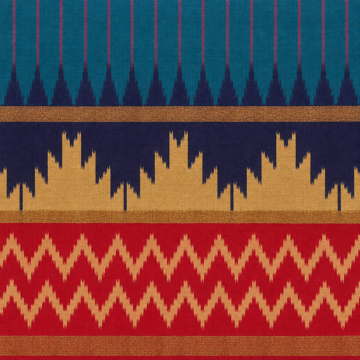 Close-up of navy gold temple band and red zigzag zari border on Pochampally silk saree