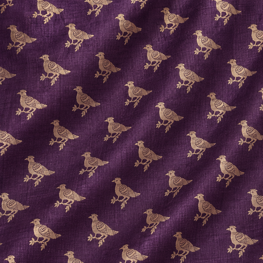 Close-up of the purple pure Tussar silk saree body with gold zari bird motifs