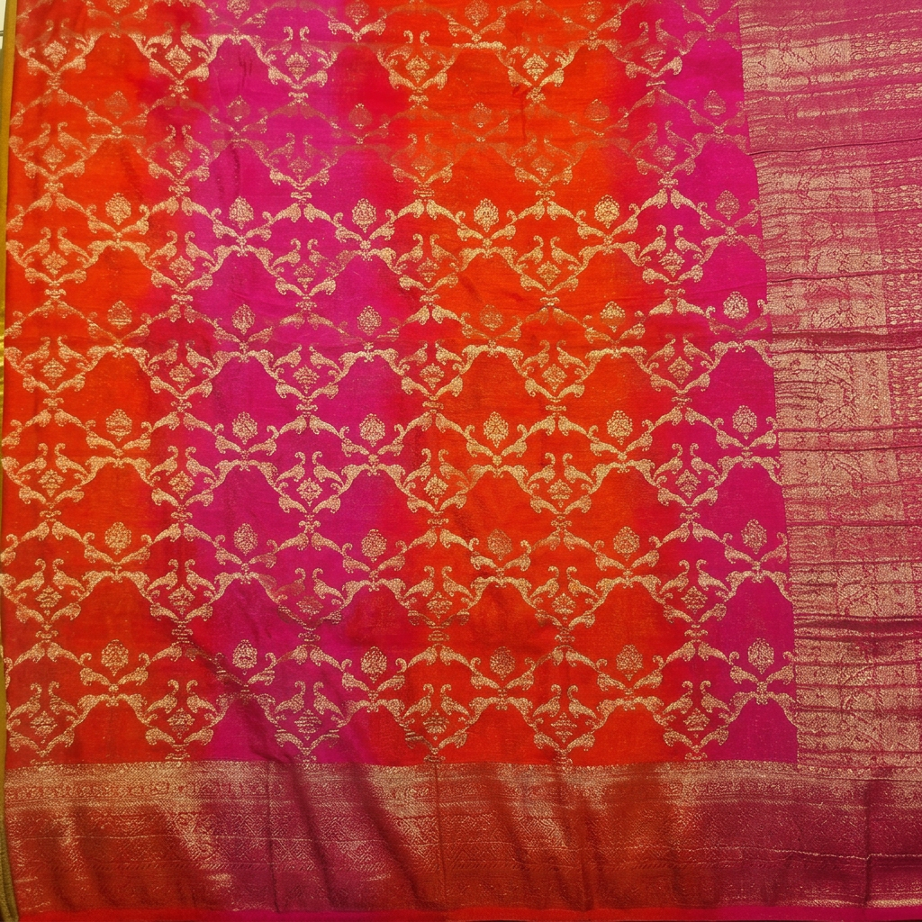 Close-up of metallic floral lattice and bird-inspired forms across orange-and-pink body