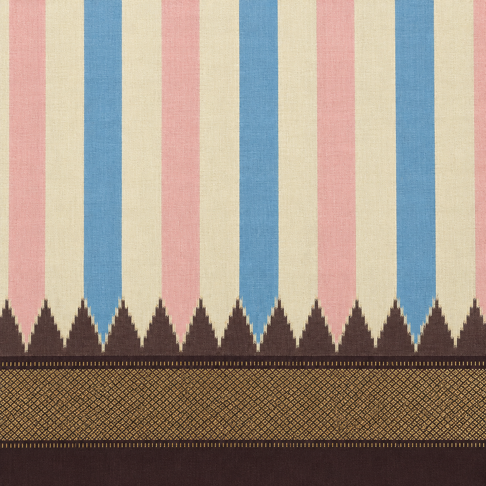 Close-up of pastel pink, ivory and blue striped pallu with temple border and gold zari