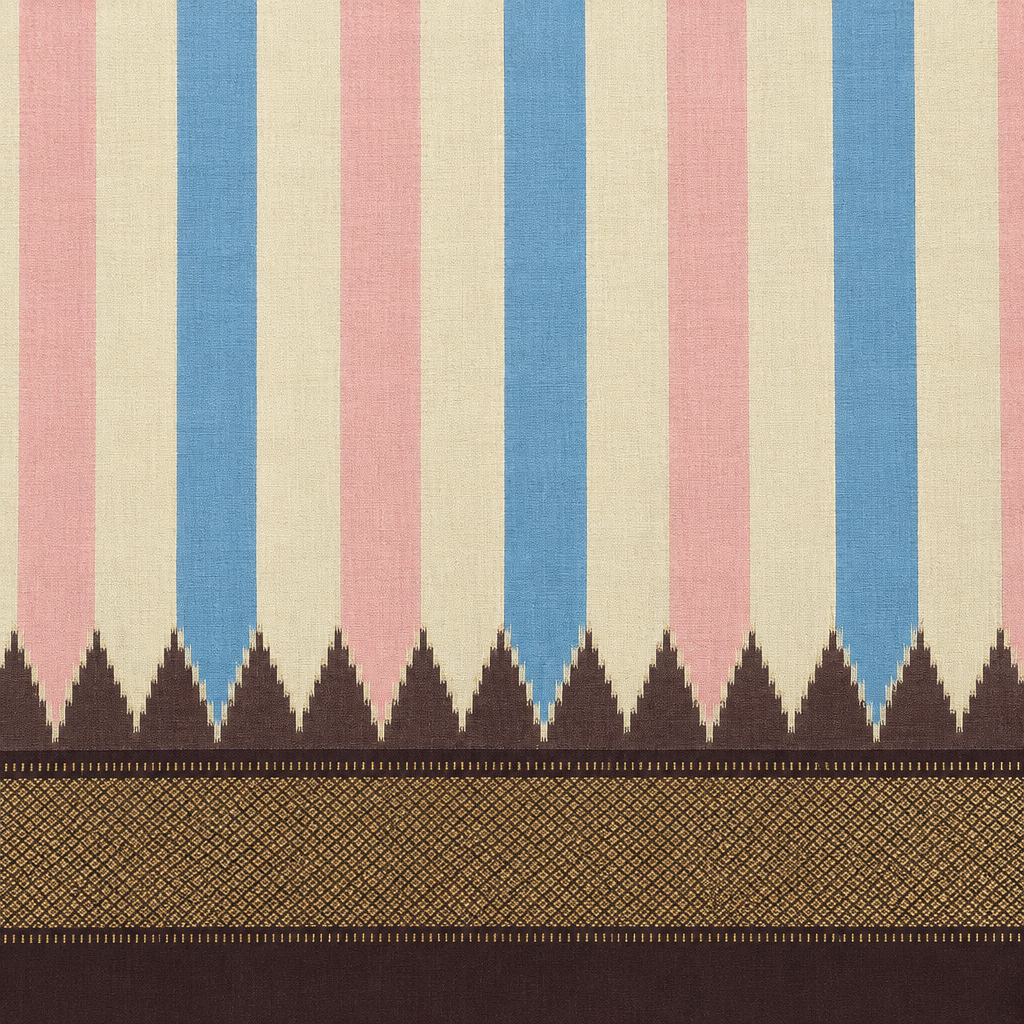 Close-up of pastel pink, ivory and blue striped pallu with temple border and gold zari
