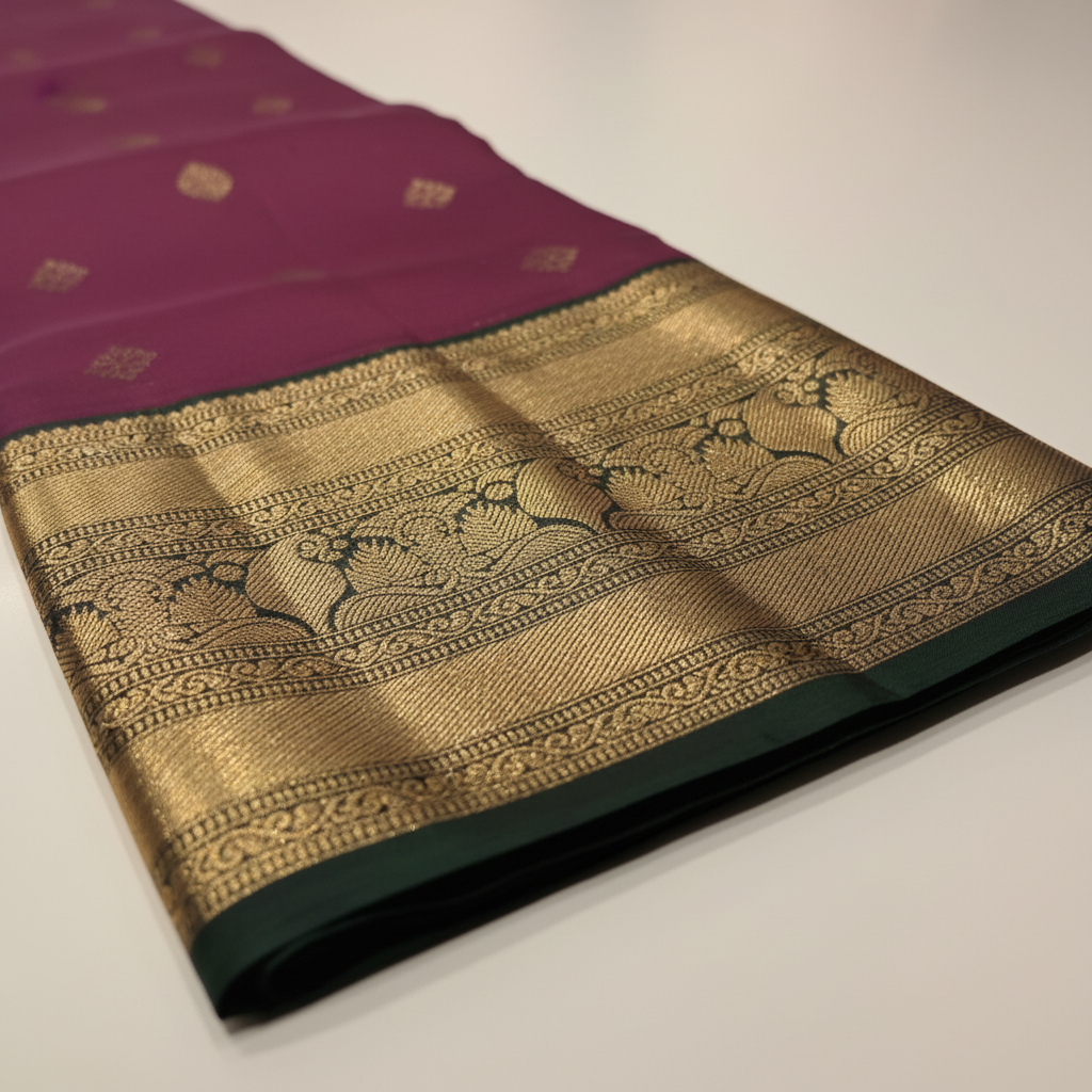Border Close-up — Black Border with Gold Zari Peacock Band