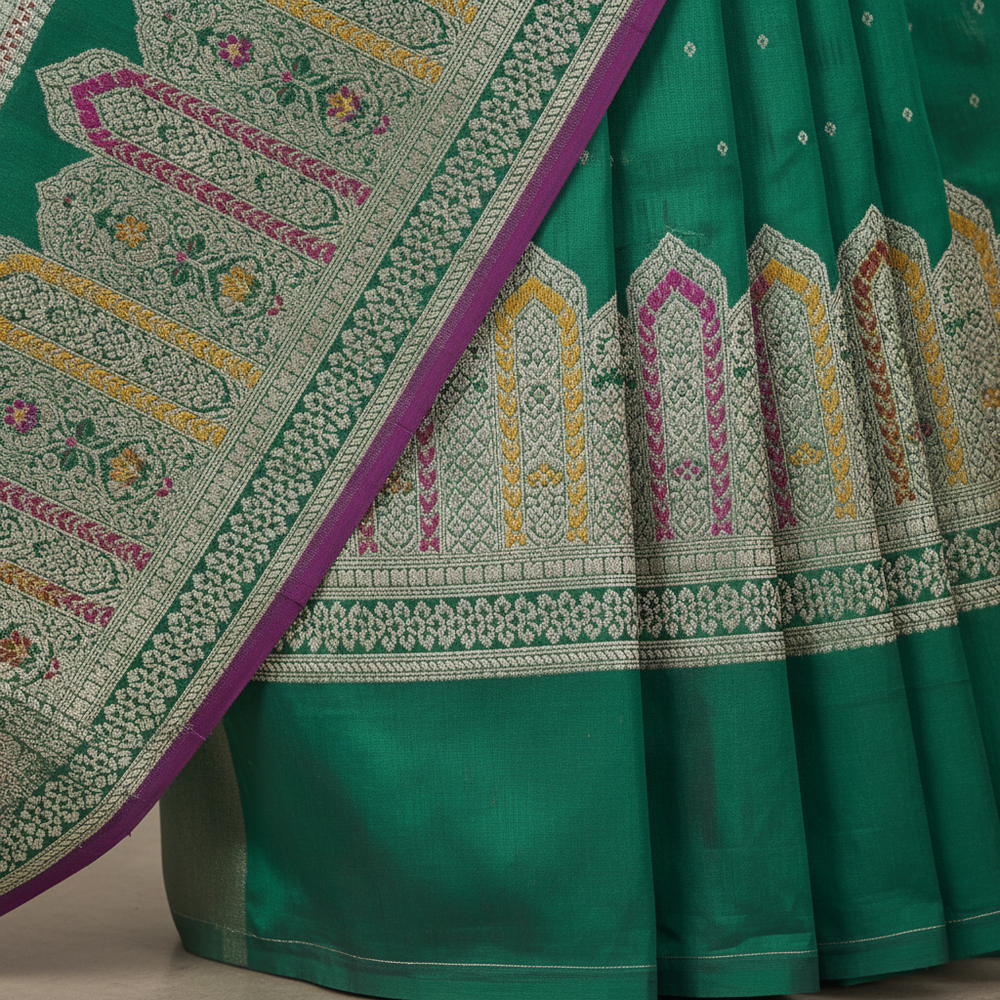 Close-up of the dark green Banarasi silk saree silver-gold woven pallu and multicolour border accents