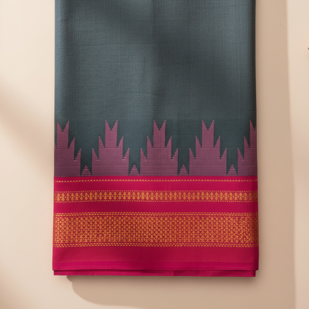 Close-up of the charcoal saree with its magenta jagged motif band and crimson-fuchsia border with orange-gold woven detailing