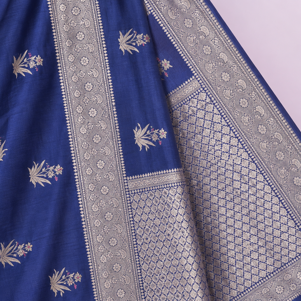 Close-up of the navy blue saree's wide woven silver zari border and patterned pallu