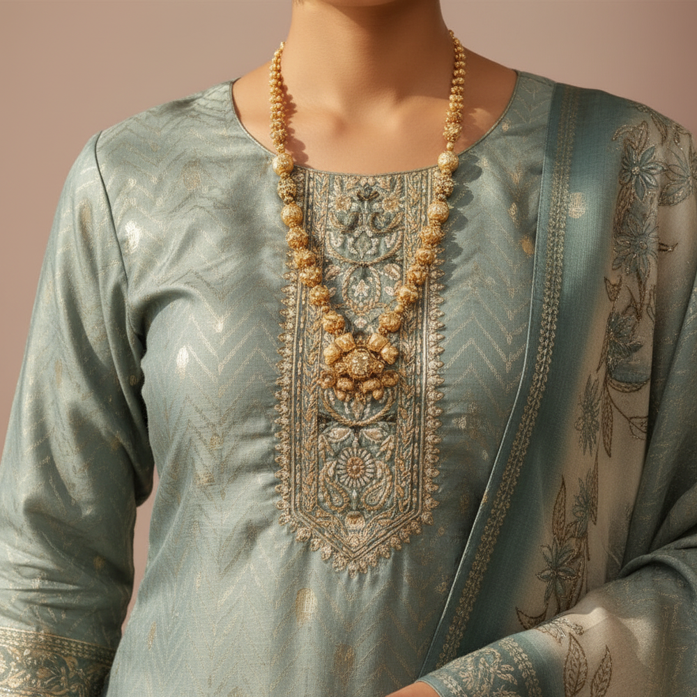 Close-up of ornate embroidered neckline with golden and silver threadwork