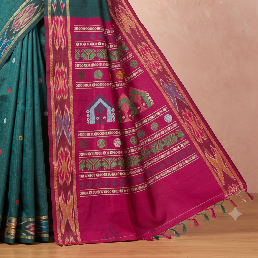Close-up of the pink Tussar silk saree pallu showing geometric bands, colourful decorative panels and tassels