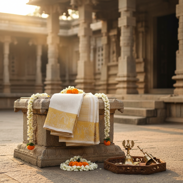 Mix Silk Dhothi – Beige gold zari border draped in temple courtyard lifestyle setting