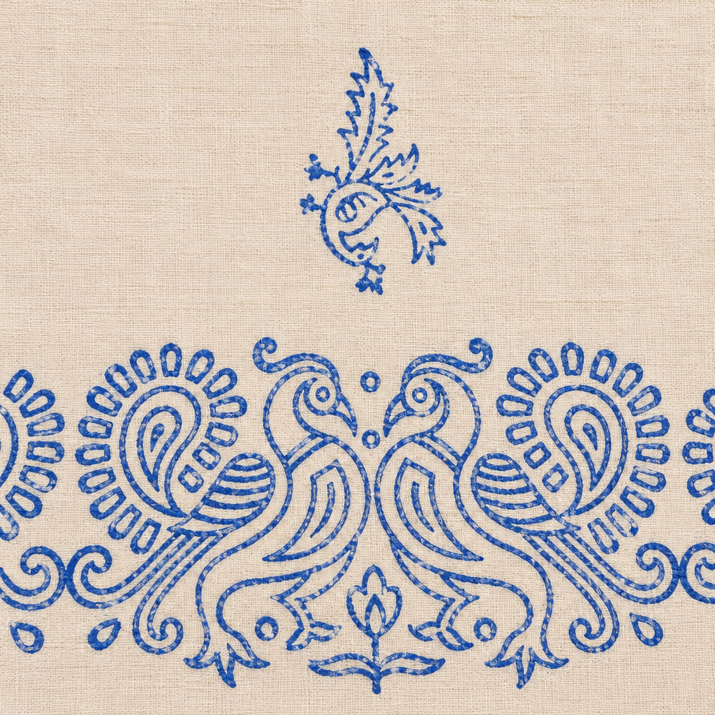 Close-up of blue peacock and paisley print border on cream cotton dance saree