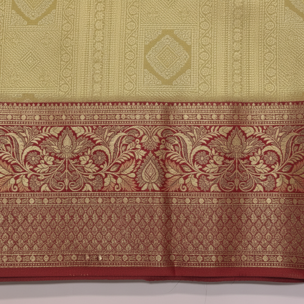 Close-up of red brocade saree border with floral gold zari work