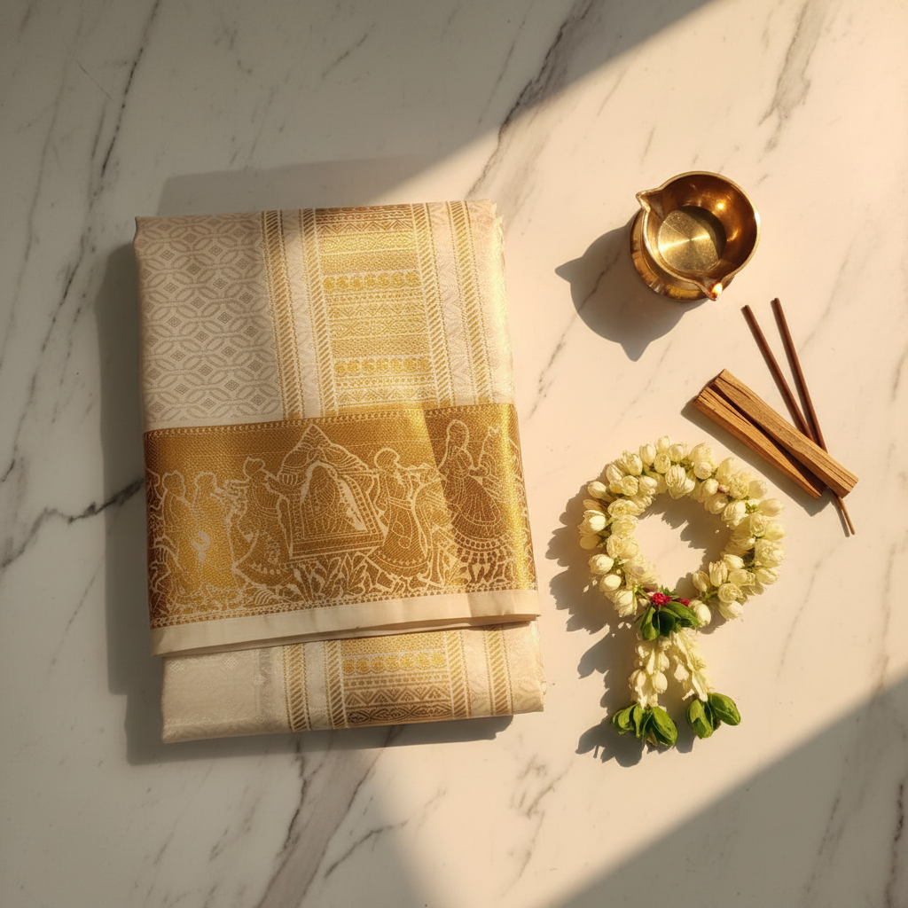 Mix Silk Dhothi – Beige gold zari border flat lay on white marble with brass diya and jasmine
