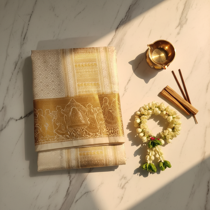 Mix Silk Dhothi – Beige gold zari border flat lay on white marble with brass diya and jasmine