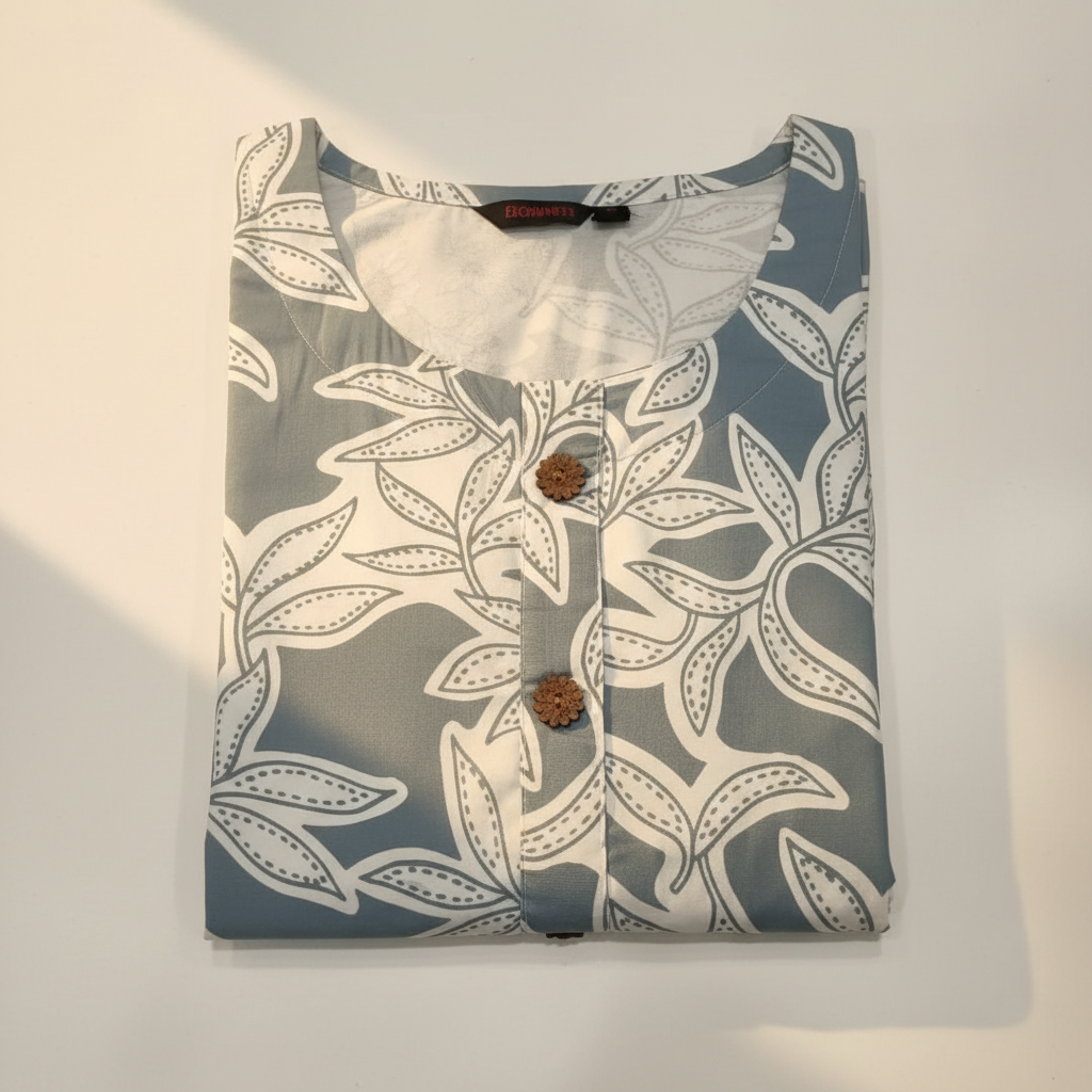 Dusty blue leaf print ladies kurti close-up