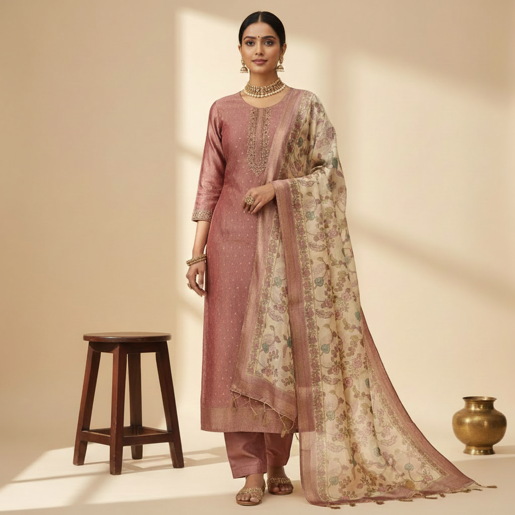 South Indian lady wearing dusty rose salwar kameez with ornate beadwork neckline