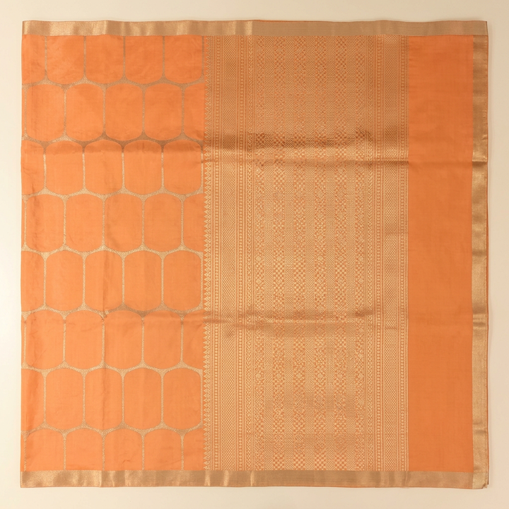 Detail view of finely patterned gold-toned pallu and coordinated peach section