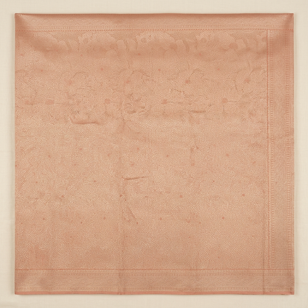 Straight overhead smooth peach pink semi-Banarasi saree with fine all-over pattern and tonal border