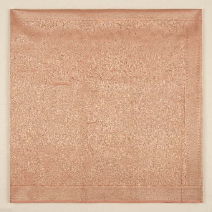 Straight overhead smooth peach pink semi-Banarasi saree with fine all-over pattern and tonal border