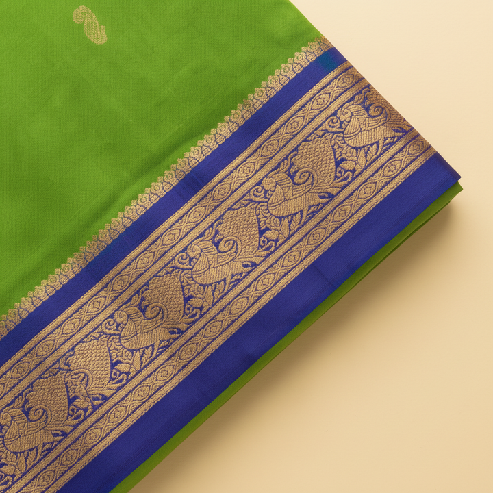Royal-blue zari border on a parrot-green 9-yard pure silk saree close-up
