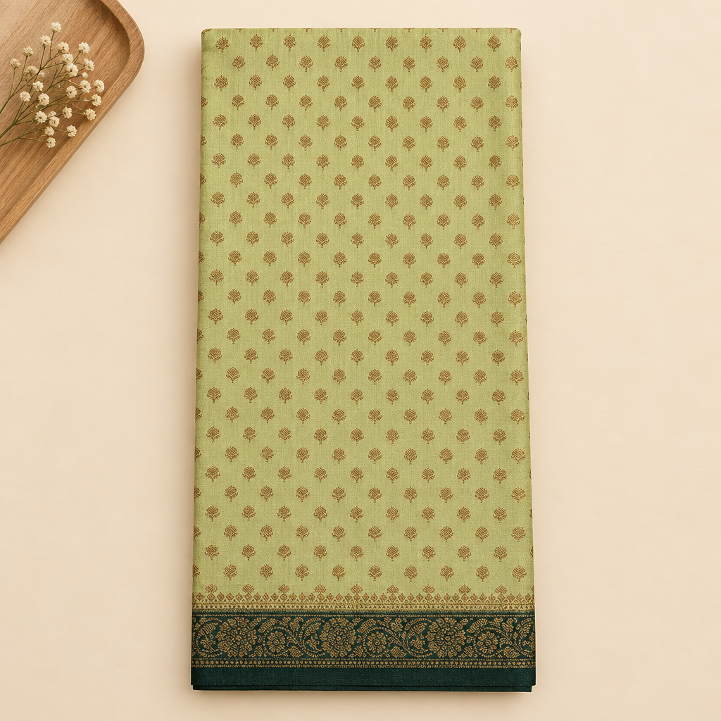 Upright parrot green saree with dark woven border