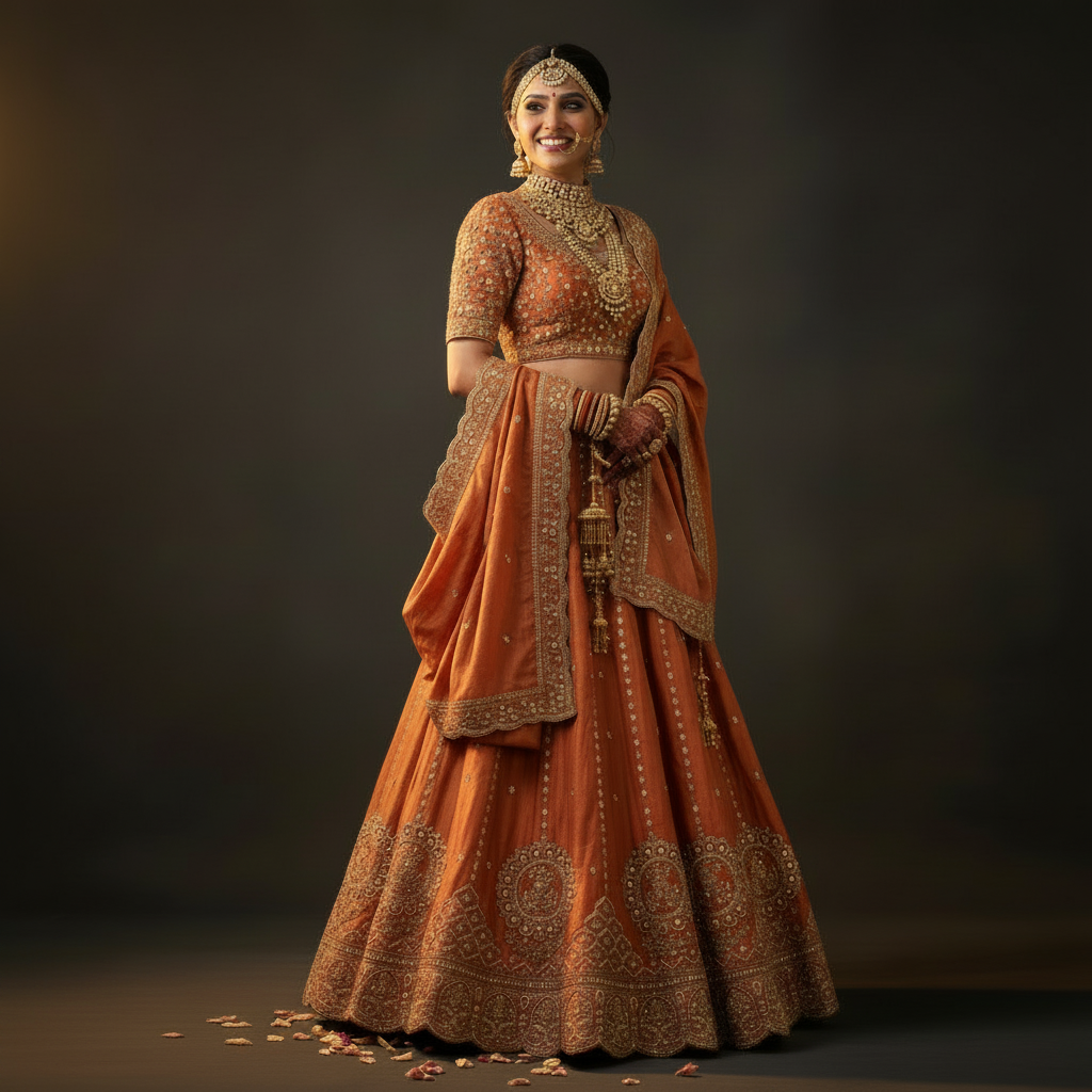 3/4 side view - Rust Orange Bridal Lehenga