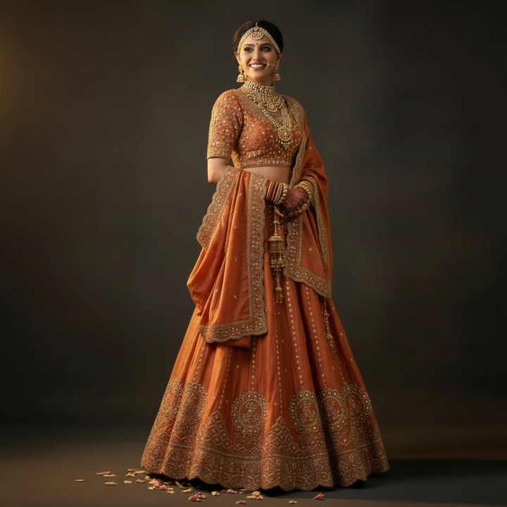 3/4 side view - Rust Orange Bridal Lehenga