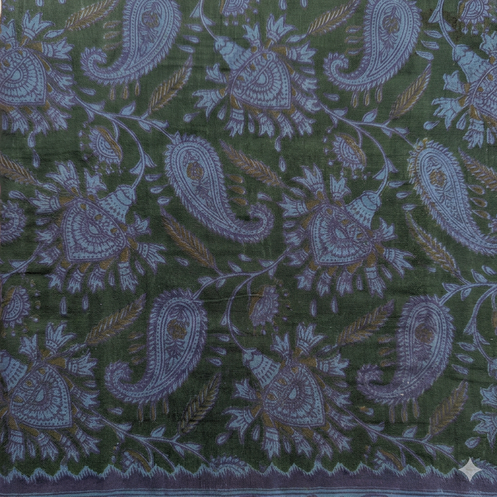 Close-up of blue paisley and floral-vine motifs on dark green cotton dance saree