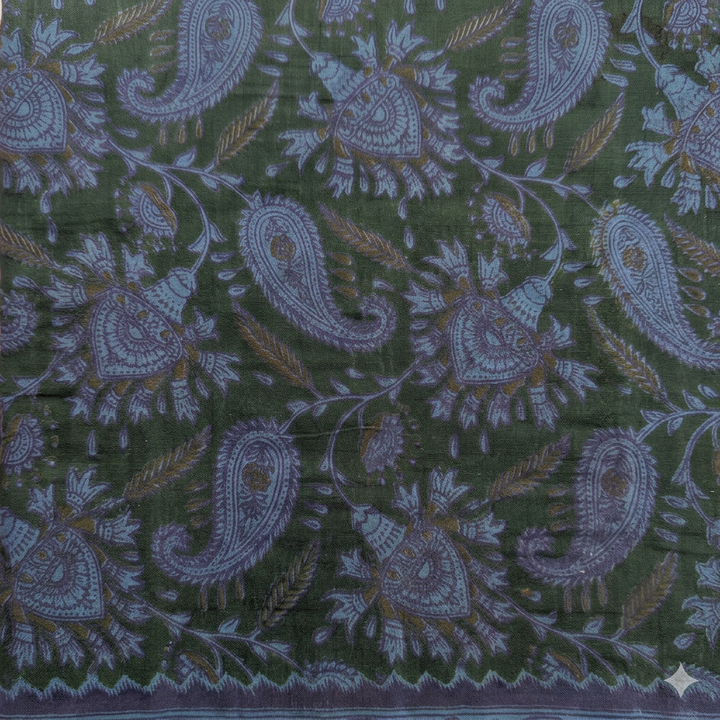 Close-up of blue paisley and floral-vine motifs on dark green cotton dance saree