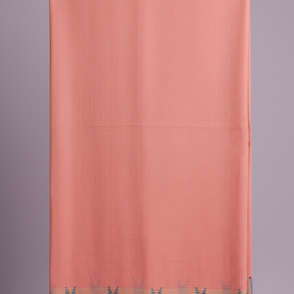 Close-up of the soft coral-peach pink cotton saree body showing its subtle tonal weave and texture