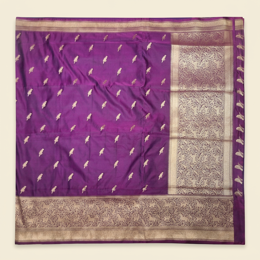 Straight overhead purple semi Banarasi saree with scattered bird motifs and ornate animal-and-vine border
