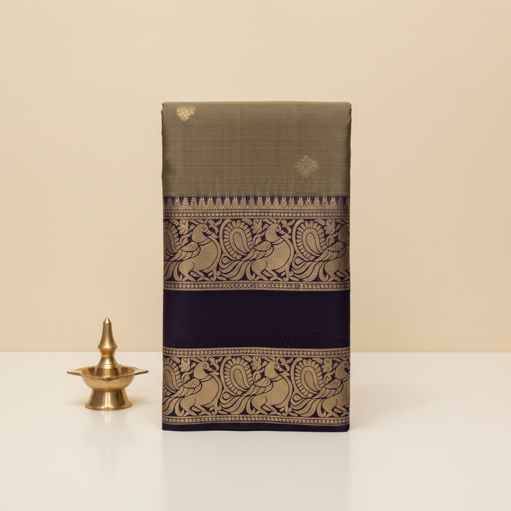 Olive & Purple Kanchipuram Silk Saree — Pastel Ivory Background