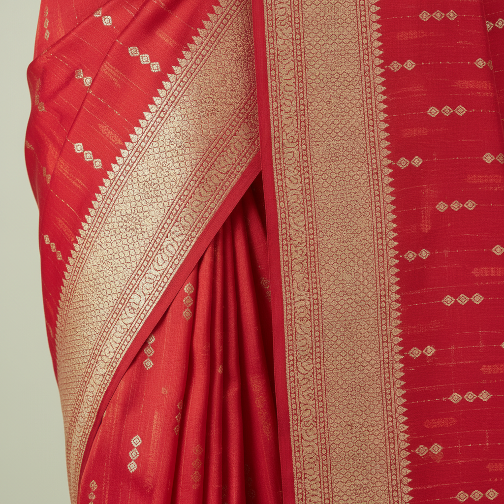 Close-up of the red Banarasi silk saree beige-gold woven border and pallu